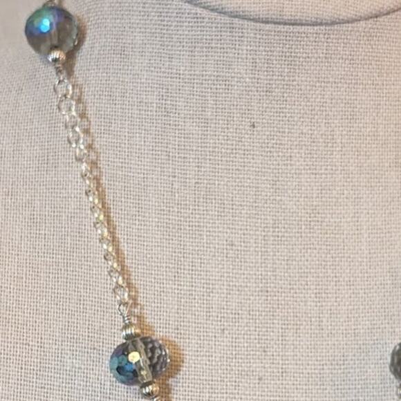 Cut Out Diamond Shape Pendant with Blue AB Crystal Beads on Silver Tone Necklace - Picture 5 of 10